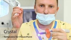  Presentation with dentist - PPT layouts with periodontal - dentist in mask holds ultraviolet background and a blonde colored foreground