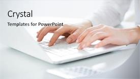  Presentation with cyber stalking computer laptop suffering - Slide deck enhanced with pc peripherals - closeup of businesswoman typing background and a sky blue colored foreground