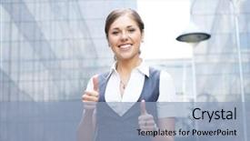  Presentation with young business woman smile show - Audience pleasing PPT theme consisting of perks - young attractive business woman backdrop and a light blue colored foreground