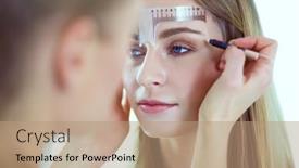  Presentation with beauty makeup - PPT theme featuring permanent-makeup-for-eyebrows-closeup background and a coral colored foreground