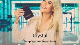  Presentation with passport - Amazing PPT theme having permits - happy blond woman with passport backdrop and a lemonade colored foreground
