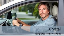  Presentation with sleepy yawning man driving car - Beautiful PPT theme featuring permits licenses - man driving car backdrop and a  colored foreground