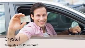  Presentation with driving - Beautiful slides featuring permits licenses - man smiling and holding his backdrop and a soft green colored foreground