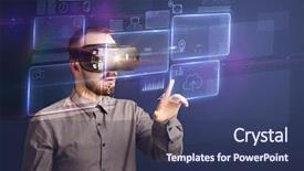  Presentation with virtual - Slides with perplex - amazed businessman with virtual reality background and a ocean colored foreground