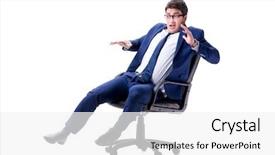  Presentation with sitting teddy bear isolated - Amazing theme having perplex - businessman sitting on office chair backdrop and a white colored foreground