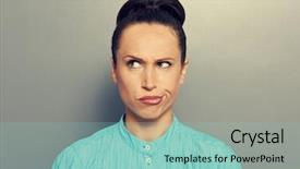  Presentation with young man and a woman - PPT theme consisting of perplex - displeased young woman looking up background and a  colored foreground