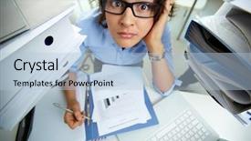  Presentation with financial reports - Beautiful PPT theme featuring shocked business woman looking - perplexed accountant doing financial reports backdrop and a light blue colored foreground