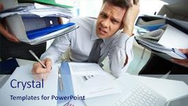  Presentation with financial reports - Colorful presentation theme enhanced with work piles - perplexed accountant looking at camera backdrop and a sky blue colored foreground