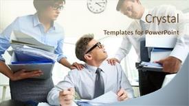  Presentation with piles - Slide set having perplexed accountant looking at his partner holding huge piles of documents background and a cream colored foreground