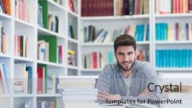  Presentation with study - PPT theme featuring persistence - portrait of happy student while background and a light blue colored foreground