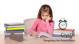  Presentation with homework - PPT layouts consisting of person child sitting stack books - cute little girl doing homework background and a soft green colored foreground
