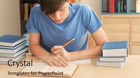  Presentation with homework - Slide deck with person child sitting stack books - cute teenager boy doing homework background and a coral colored foreground