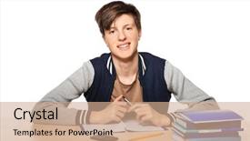  Presentation with homework - Presentation theme having person child sitting stack books - cute teenager boy doing homework background and a coral colored foreground