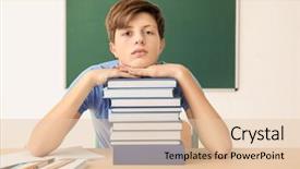  Presentation with homework - Beautiful slide set featuring person child sitting stack books - cute teenager boy with lot backdrop and a lemonade colored foreground