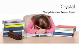 Presentation with homework - Audience pleasing theme consisting of person child sitting stack books - sleeping little girl tired backdrop and a white colored foreground