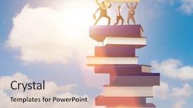  Presentation with books - Slide set having person climbing ladder solution - education concept with books background and a lemonade colored foreground