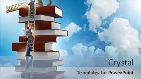 Presentation with books - Colorful slide deck enhanced with person climbing ladder solution - education concept with books backdrop and a light blue colored foreground
