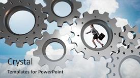  Presentation with synergy collaboration cooperation teamwork concept - Amazing presentation theme having person climbing ladder solution - teamwork concept with cogwheels backdrop and a  colored foreground