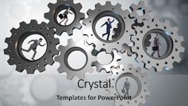  Presentation with synergy collaboration cooperation teamwork concept - Amazing slide deck having person climbing ladder solution - teamwork concept with cogwheels backdrop and a  colored foreground