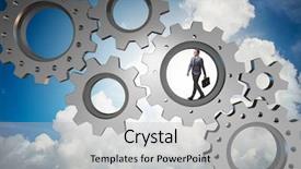  Presentation with teamwork - Presentation theme consisting of person climbing ladder solution - teamwork concept with cogwheels background and a  colored foreground