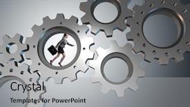  Presentation with synergy collaboration cooperation teamwork concept - Slide set with person climbing ladder solution - teamwork concept with cogwheels background and a  colored foreground