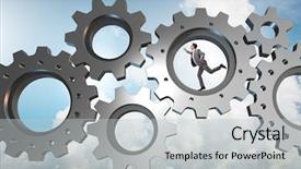  Presentation with synergy collaboration cooperation teamwork concept - Beautiful presentation featuring person climbing ladder solution - teamwork concept with cogwheels backdrop and a  colored foreground