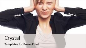  Presentation with hold hand - Slide set featuring person confused white background - businesswoman terrified hold hand background and a sky blue colored foreground