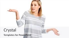  Presentation with uncertainty - Colorful PPT theme enhanced with person confused white background - unsure woman with shrug backdrop and a light gray colored foreground