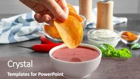  Presentation with chip - Audience pleasing PPT layouts consisting of person dipping potato chip backdrop and a coral colored foreground
