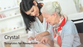  Presentation with medicine - Cool new PPT theme with person disabilities medication - doctor explaining medicine to senior backdrop and a coral colored foreground