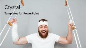  Presentation with recovery - Presentation theme having person disabilities medication - happy excited young man raising background and a  colored foreground