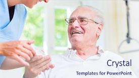  Presentation with prescription drugs - PPT theme featuring person disabilities medication - nurse giving senior man prescription background and a sky blue colored foreground
