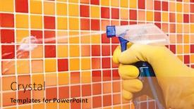  Presentation with disinfectant - PPT theme enhanced with person-doing-chores-in-bathroom background and a gold colored foreground