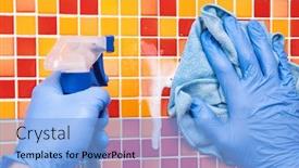  Presentation with disinfectant - Amazing slide set having person-doing-chores-in-bathroom backdrop and a light blue colored foreground