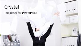  Presentation with paper - Audience pleasing PPT theme consisting of person falling - caucasian businesswoman throwing sheets backdrop and a  colored foreground