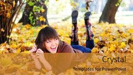  Presentation with autumn leaves - Amazing theme having person falls - smiling happy girl lying backdrop and a gold colored foreground