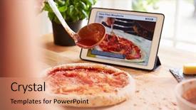  Presentation with recipe - PPT layouts with person following pizza recipe using app on digital tablet background and a coral colored foreground