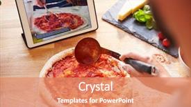  Presentation with recipe - Slide deck enhanced with person following pizza recipe using app on digital tablet background and a coral colored foreground