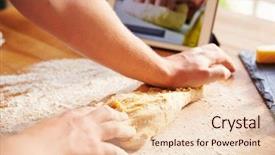  Presentation with recipe - Presentation design consisting of person following pizza recipe using app on digital tablet background and a lemonade colored foreground