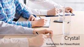  Presentation with working - Colorful slide deck enhanced with person hand working with document backdrop and a lemonade colored foreground