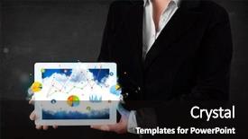  Presentation with cloud technology - Audience pleasing theme consisting of person holding a white touchpad with cloud technology and charts backdrop and a black colored foreground