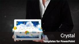  Presentation with cloud technology - Cool new slide set with person holding a white touchpad with cloud technology and charts backdrop and a black colored foreground