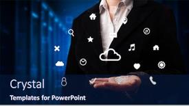  Presentation with information technology cloud - PPT layouts consisting of person holding hologram screen displaying information from cloud technology background and a navy blue colored foreground