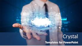  Presentation with information system - Cool new theme with person-holding-hologram-screen-displaying backdrop and a ocean colored foreground