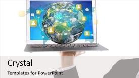  Presentation with earth network - Cool new PPT theme with person holding laptop with social backdrop and a light gray colored foreground