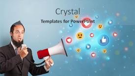  Presentation with older person holding pills - Cool new slide deck with person holding megaphone and yelling with social media concept backdrop and a light blue colored foreground