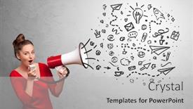  Presentation with ideas - PPT theme enhanced with person holding megaphone and yelling ideas concept background and a light gray colored foreground