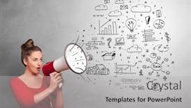  Presentation with yelling - PPT theme consisting of person-holding-megaphone-and-yelling background and a light gray colored foreground