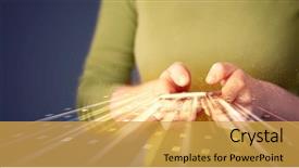  Presentation with technology - Colorful slide deck enhanced with person holding smarthphone with technology backdrop and a yellow colored foreground