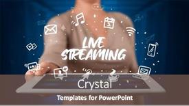  Presentation with network - Slide deck having person-holding-tablet-social-network background and a tawny brown colored foreground